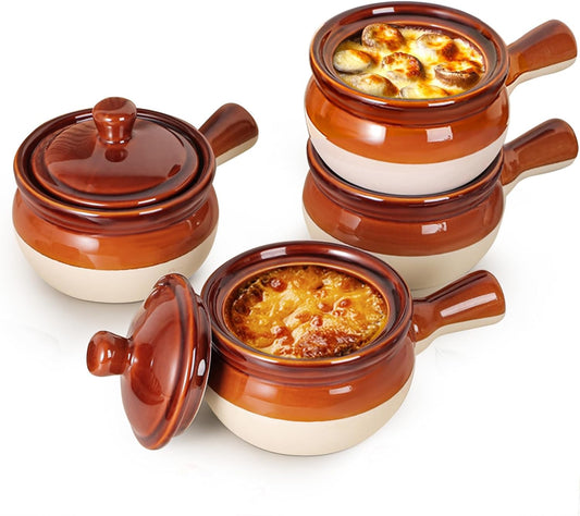 LIFVER French Onion Soup Servers, Ceramic Soups with Handles, 18 OZ Servers for Cereal, Chili, Stew, Sets of 4