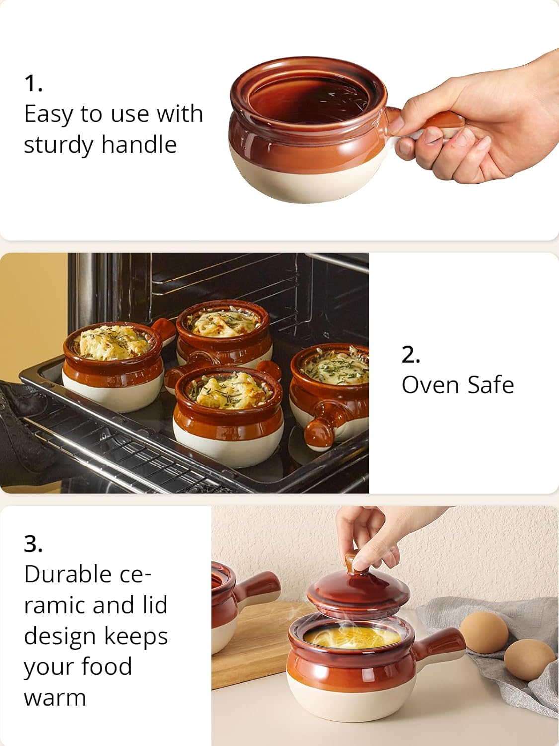 LIFVER French Onion Soup Servers, Ceramic Soups with Handles, 18 OZ Servers for Cereal, Chili, Stew, Sets of 4