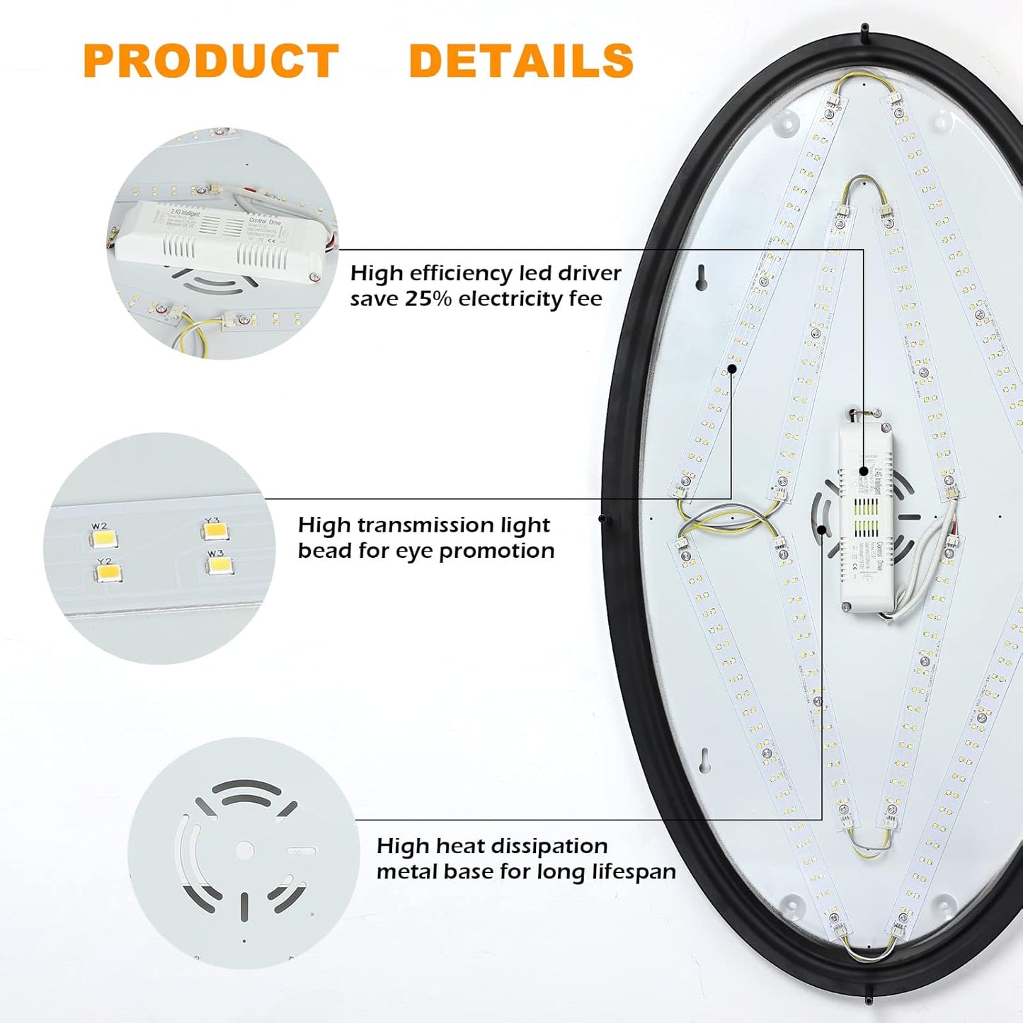 DLLT 65W Dimmable LED Flush Mount Ceiling Light with Remote, 32" Oval Brush Nickel