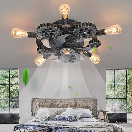 20" Retro Industrial Steampunk Ceiling Fans with Lights and Remote,Low Profile Flush Mount