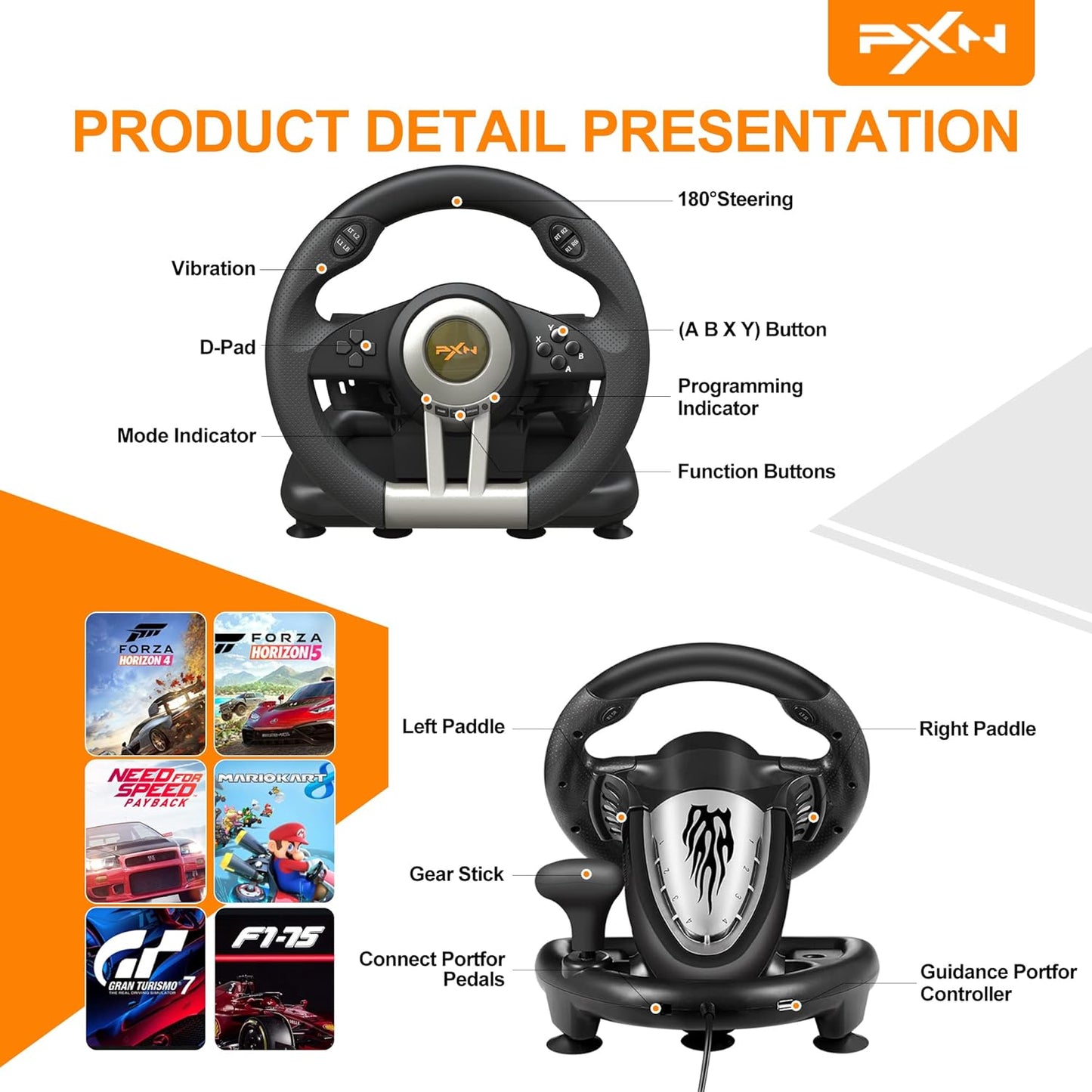 PXN Racing Wheel - Gaming Steering Wheel for PC, V3II 180 Degree Driving Wheel