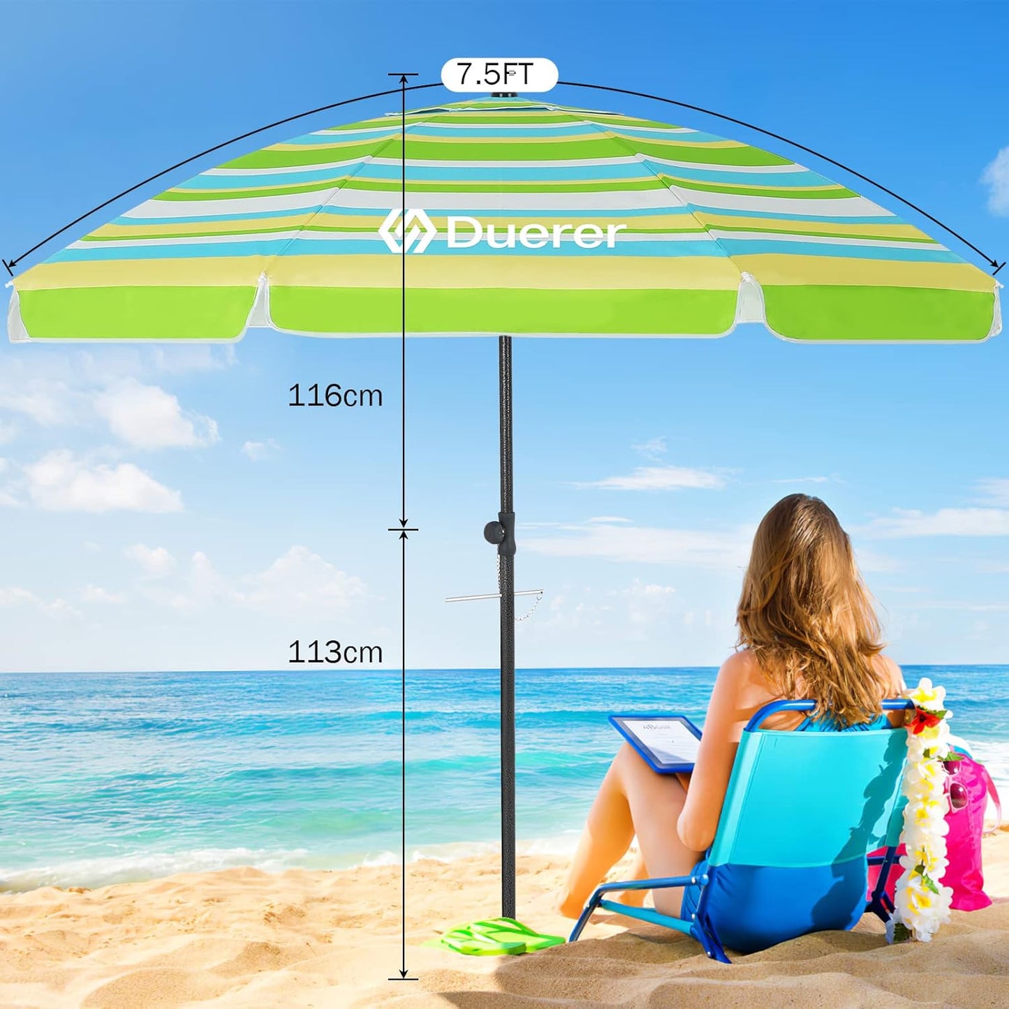 Duerer Beach Umbrellas, 7.5FT Beach Umbrella for Sand with Anchor Heavy Duty Windproof