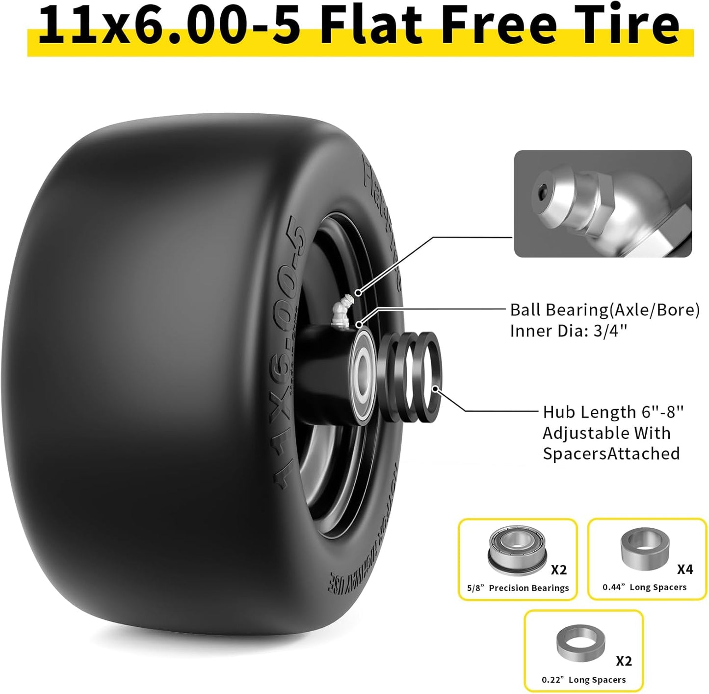 11x6.00-5 Lawn Mower Tires Flat Free, Zero Turn Mower Front Tires