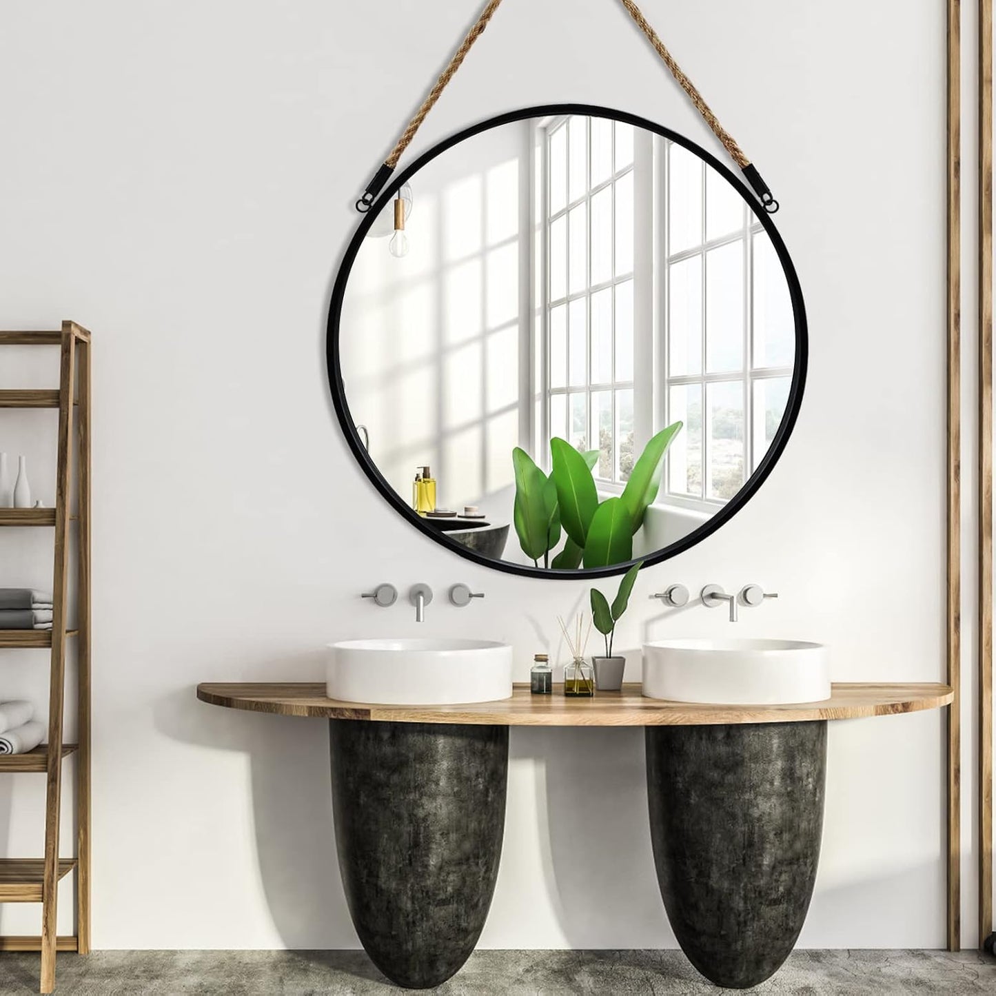 POZINO Large Round Hanging Rope Mirror, Circle Wall Mirror, 24 Inch Black Frame