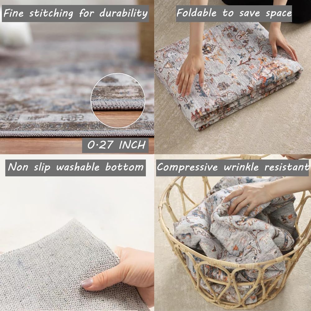 Area Rug 6x9 Washable Rug Gray Vintage Traditional Floor Cover Thin Rug