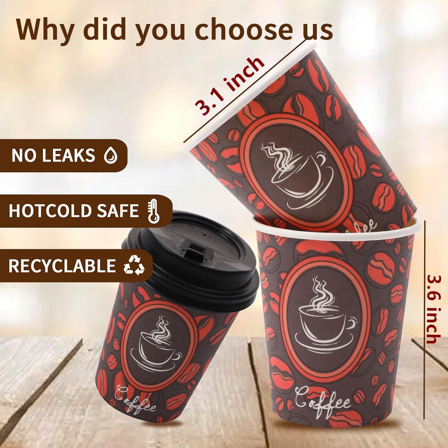 50 Pack Disposable Paper Hot Coffee Cups with Lids