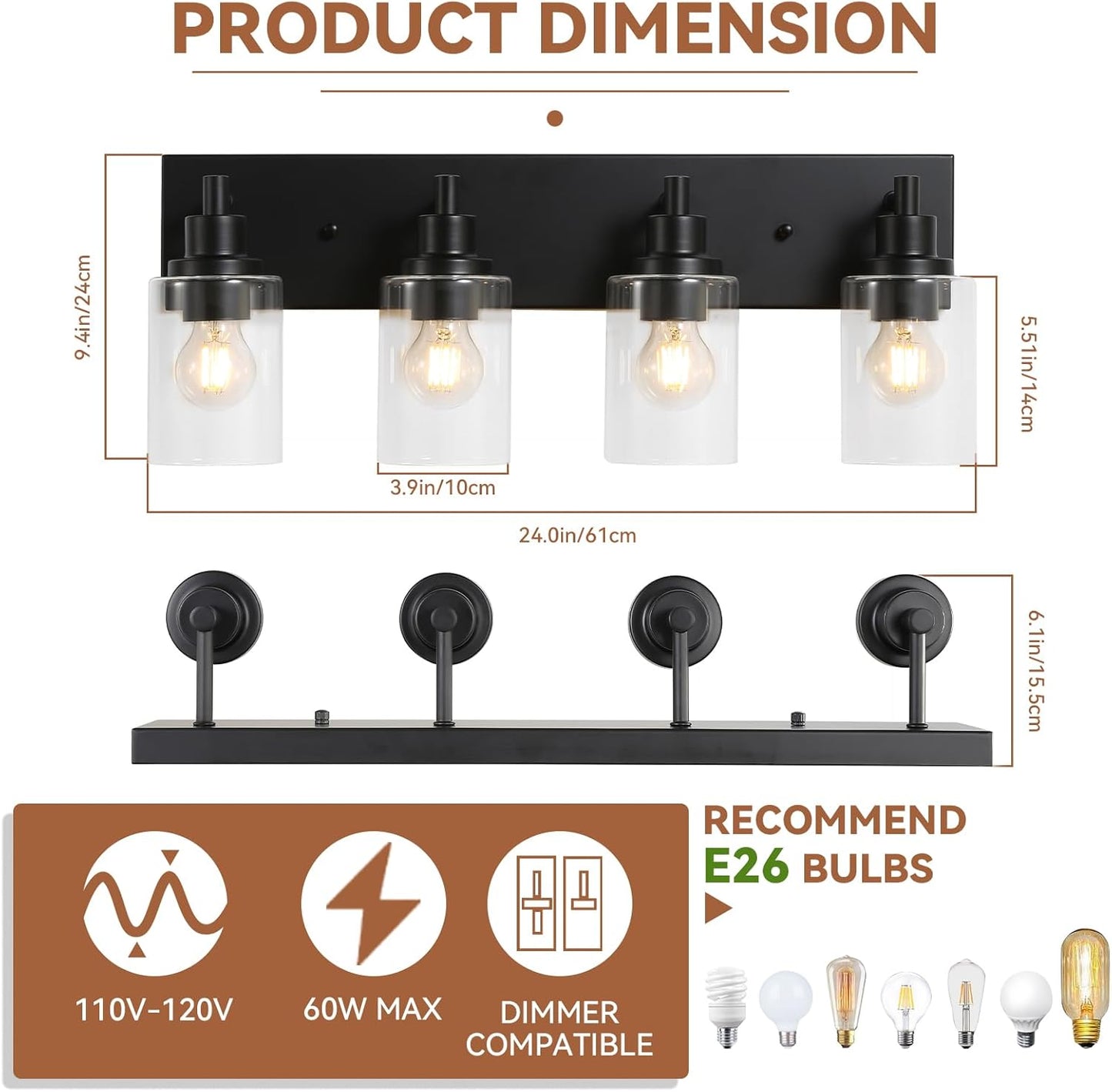 LOUSACE 4 Light Bathroom Vanity Light, Matte Black Bathroom Lighting Fixture