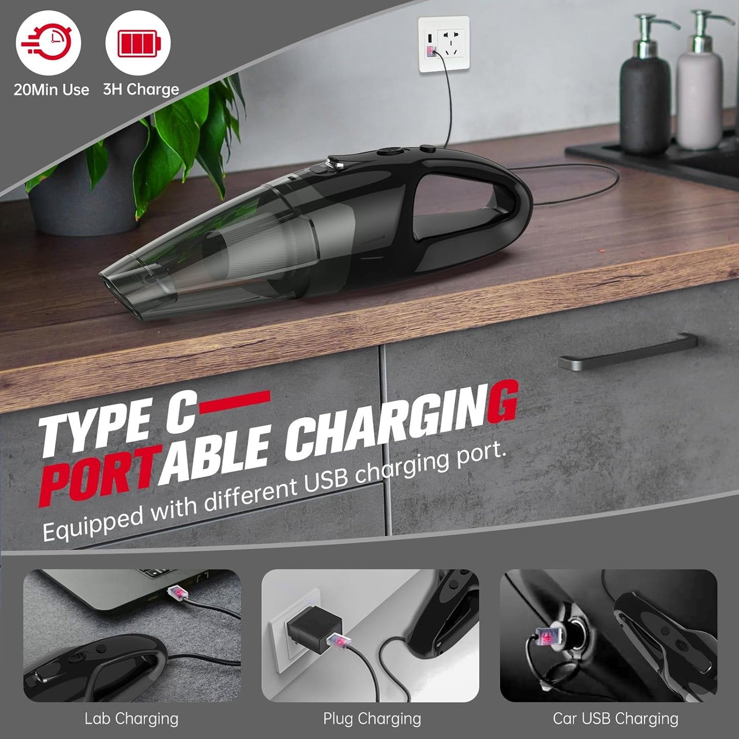 Handheld Vacuum Cordless Rechargeable, Car Vacuum with LED, USB Charge