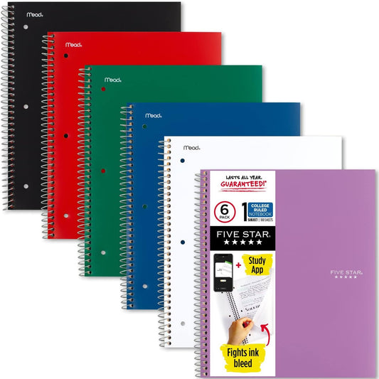 Five Star Spiral Notebook + Study App, 6 Pack, 1 Subject, College Ruled Paper