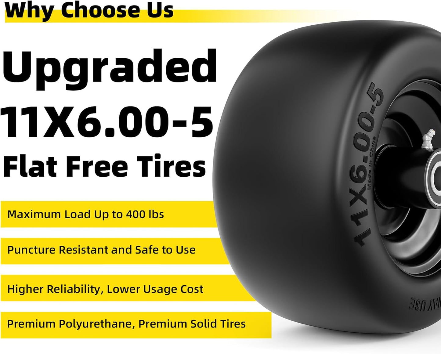 11x6.00-5 Lawn Mower Tires Flat Free, Zero Turn Mower Front Tires
