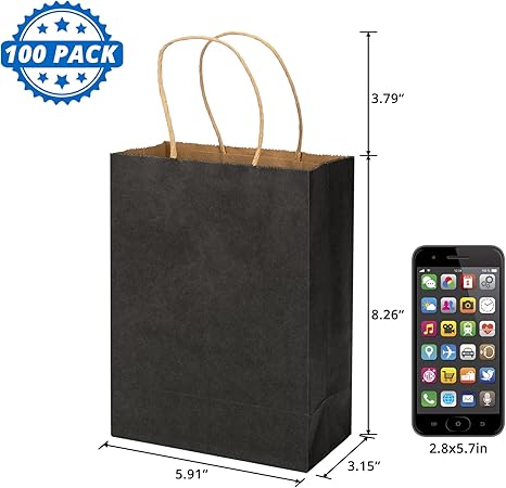 100 Pack 5.9x3.15x8.26 inch Small Black Gift Bags, Kraft Bags with Handles