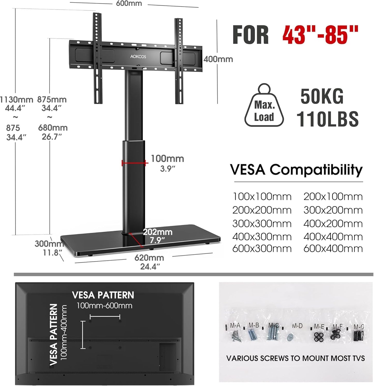 Universal Swivel TV Stand Table Top Mount Stand for 43 to 85 inch TVs