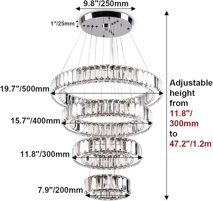 CLAIRDAI LED Crystal Chandeliers 4 Rings Chandelier Crystal Pendant Light Ceiling Hanging Light