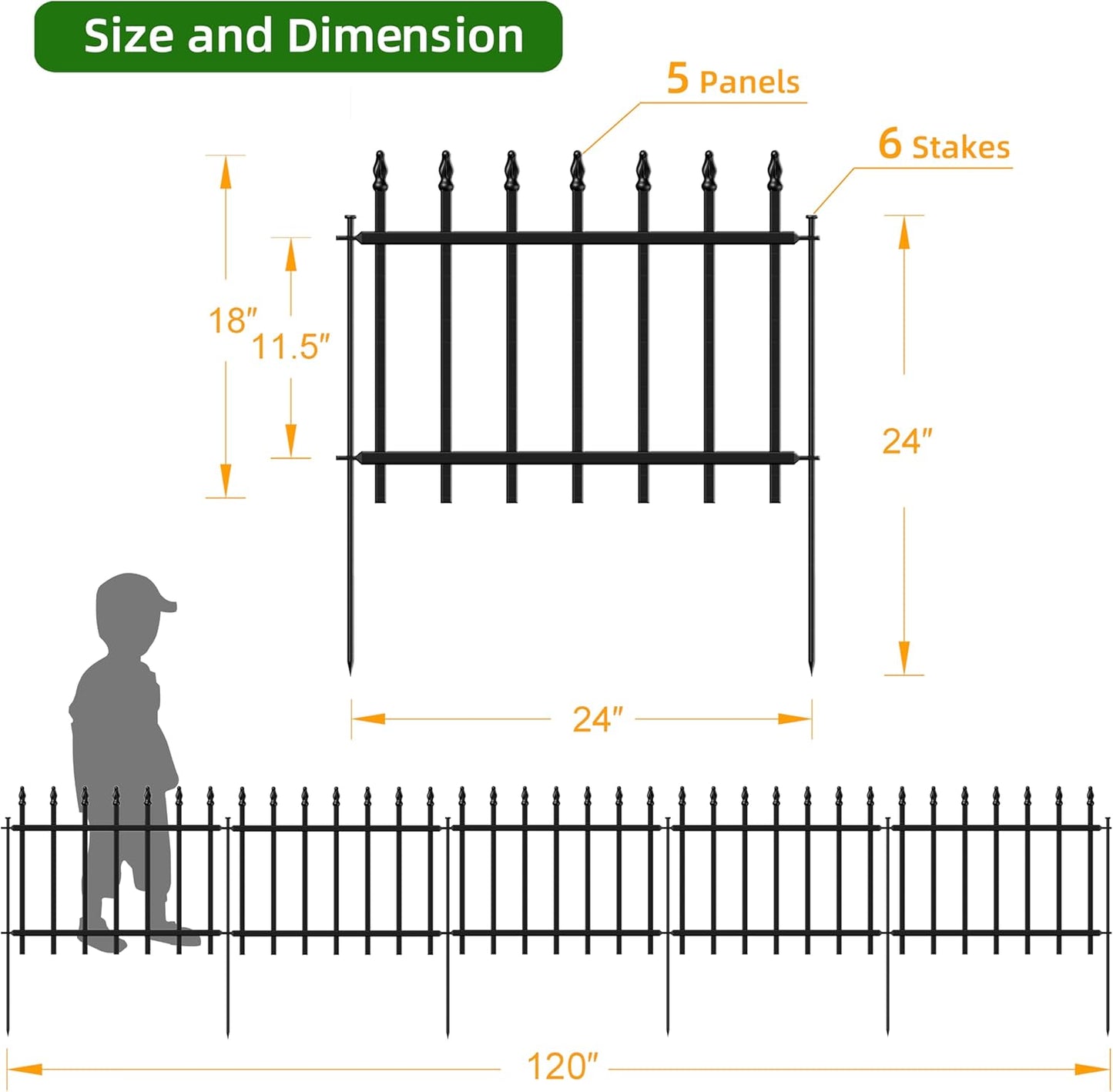 Decorative Metal Garden Fence 18 in H x 10 ft L, Small Border Fence Roman Column Deco