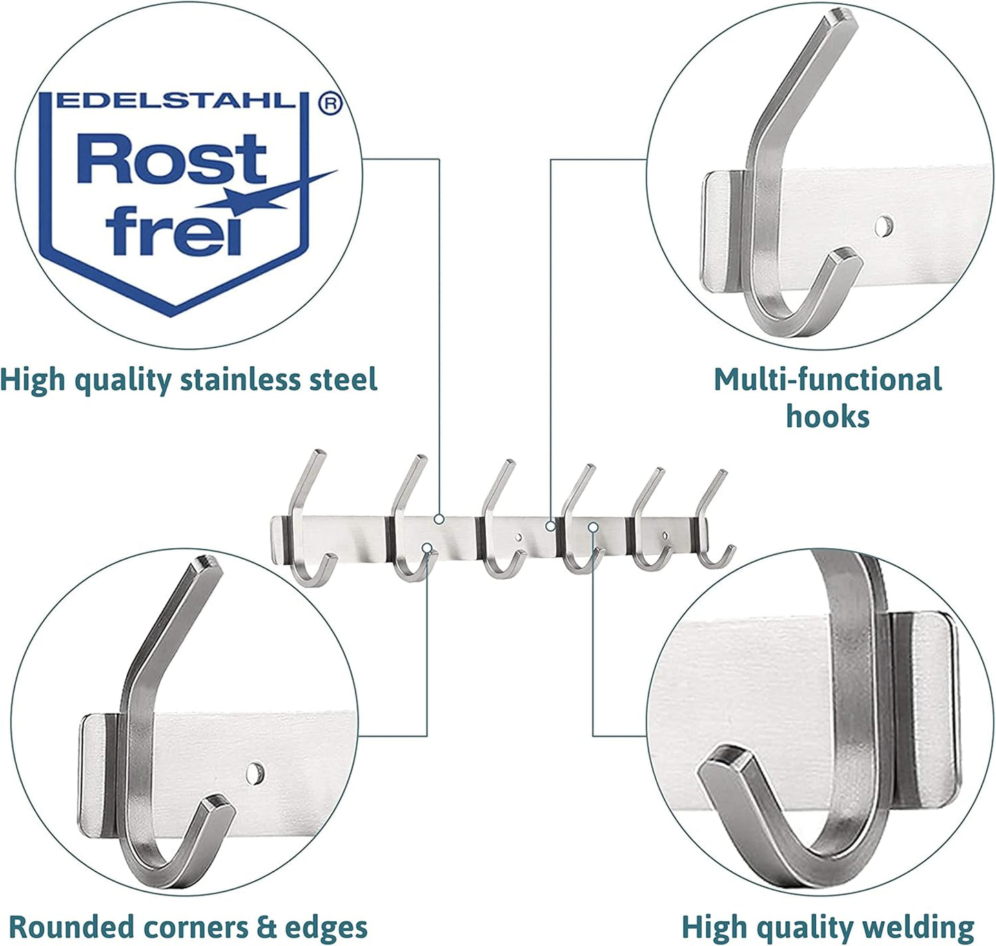 Coat Rack from Stainless Steel - Brushed Chrome - 43x8x3.8cm - Holds up to 30 kg - 6 Fixed Hooks