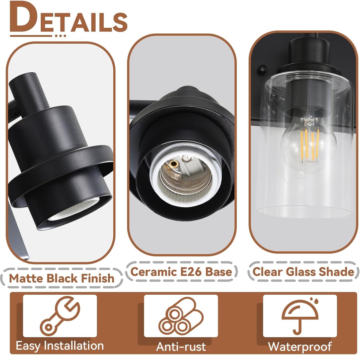 LOUSACE 4 Light Bathroom Vanity Light, Matte Black Bathroom Lighting Fixture