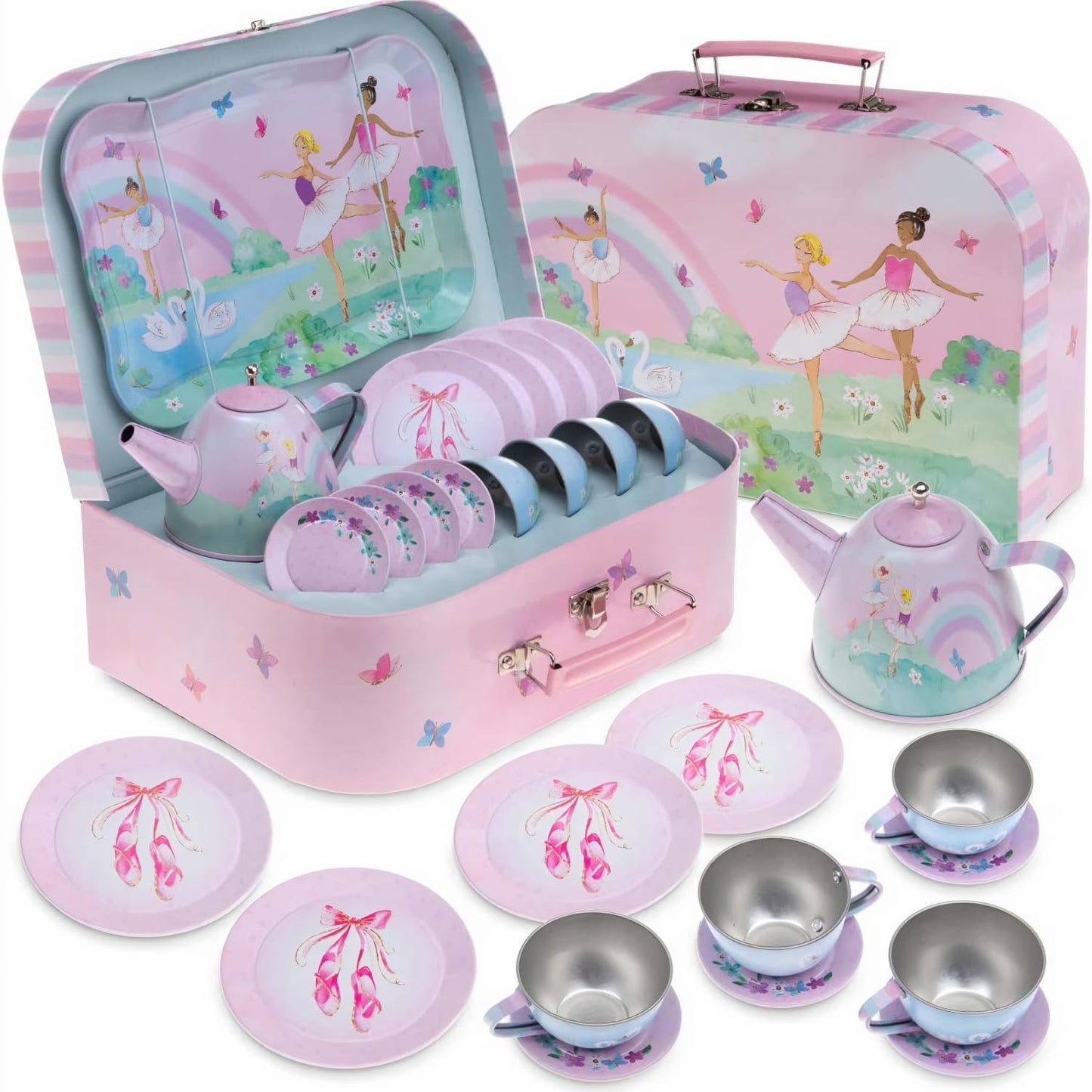 a little girl's tea set in a pink suitcase