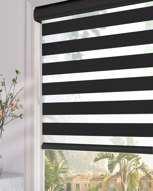 Persilux Zebra Roller Shades Blinds Dual Layer Sheer Shades (30" W X 64" H, Black)