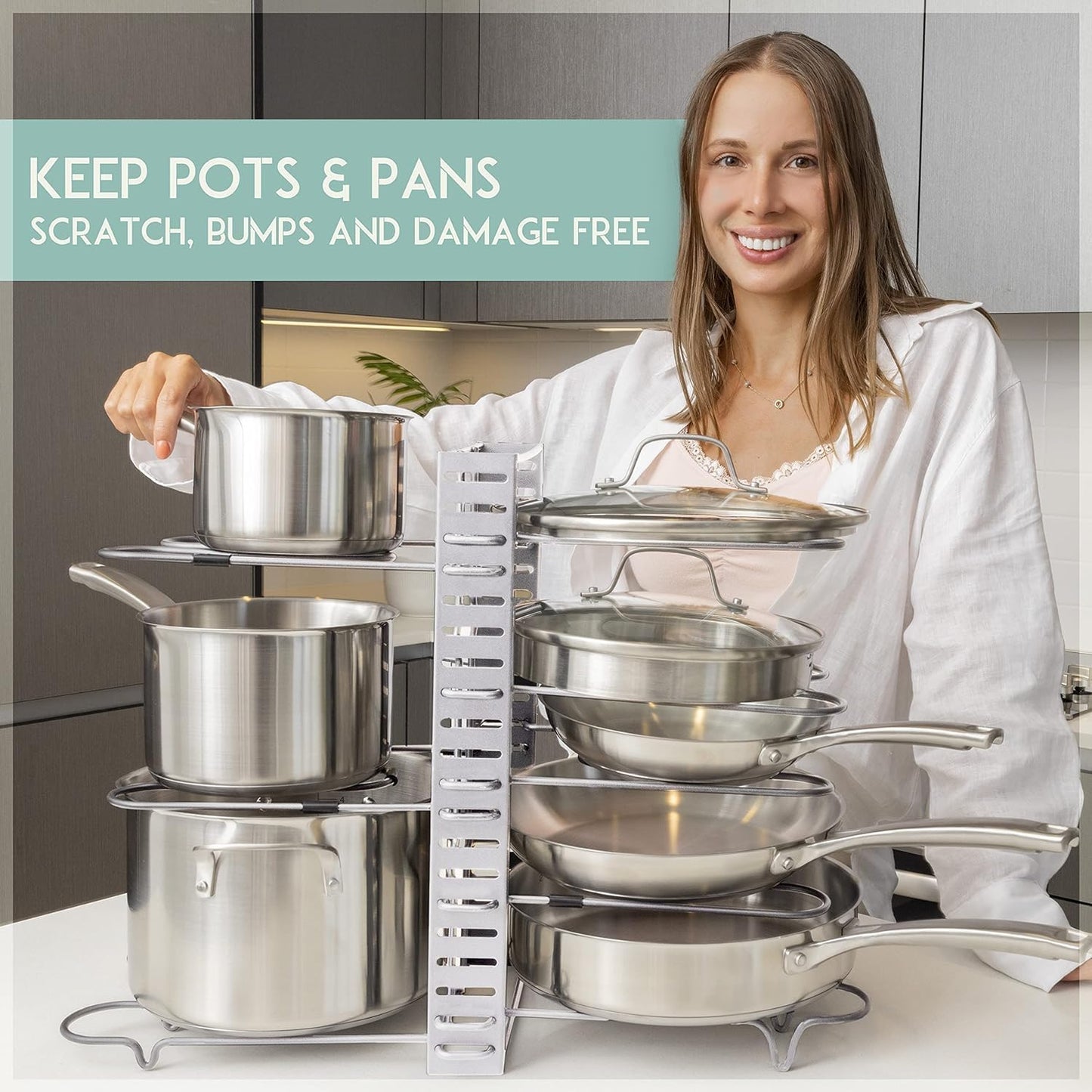 Geek Digg Pots and Pans Organizer for Cabinet - Silver