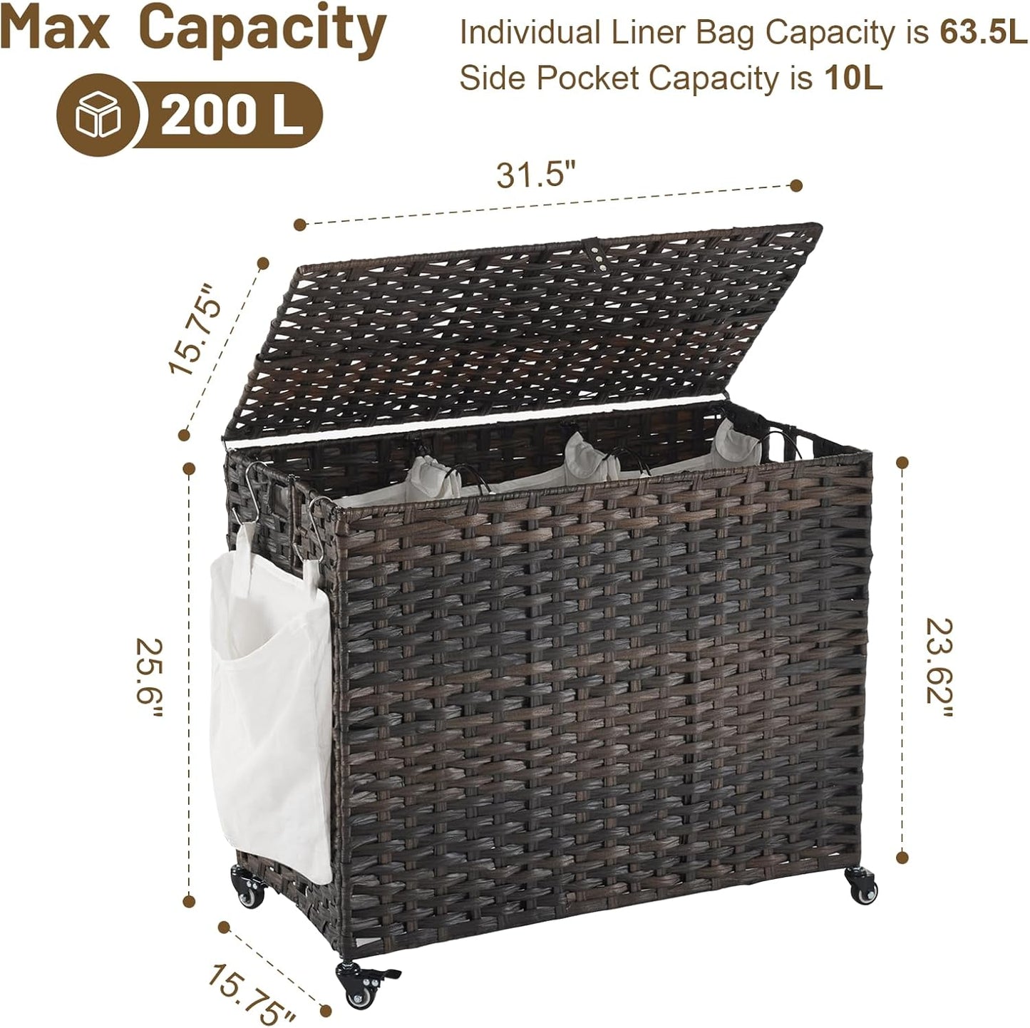 Laundry Hamper with Wheels, 52.8 Gallon(200L) Rolling Laundry Basket with Lid, 3-Section Rattan