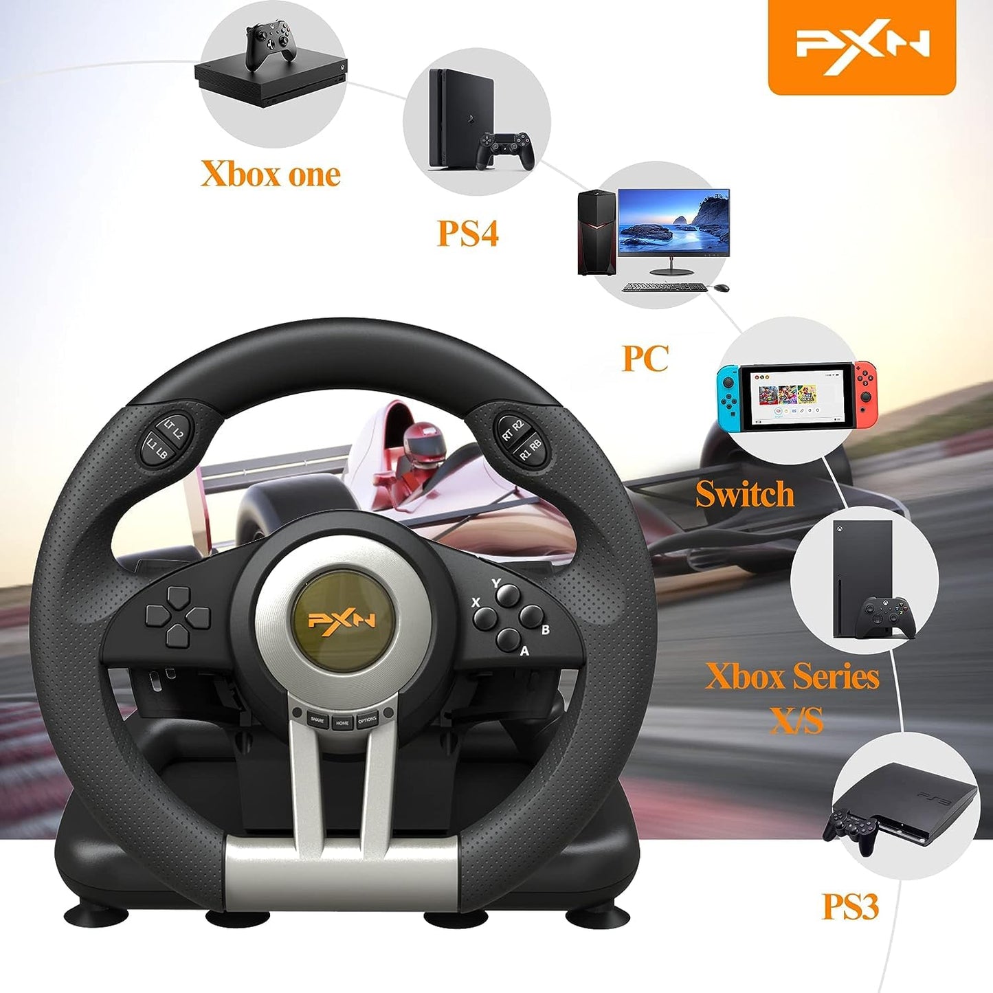 PXN Racing Wheel - Gaming Steering Wheel for PC, V3II 180 Degree Driving Wheel