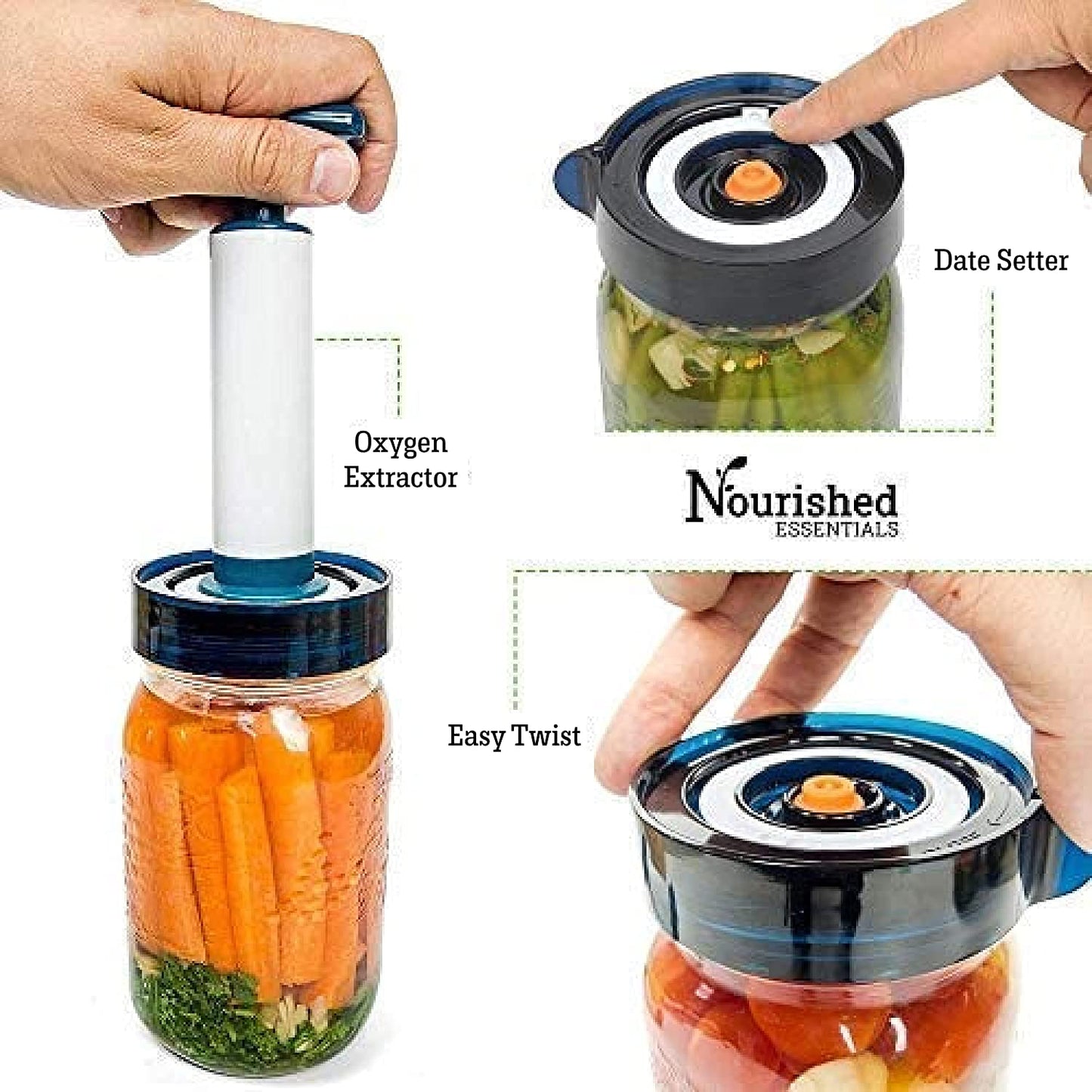 Easy Fermenter Pickling Kit - Airlock Fermentation Lids for Wide Mouth Mason Jars (3 Lids, 1 Pump)