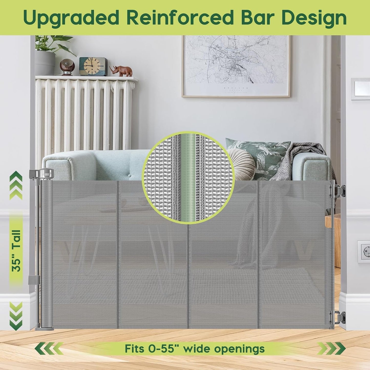 Reinforced 55" Wide Retractable Dog Gate with Support Beam