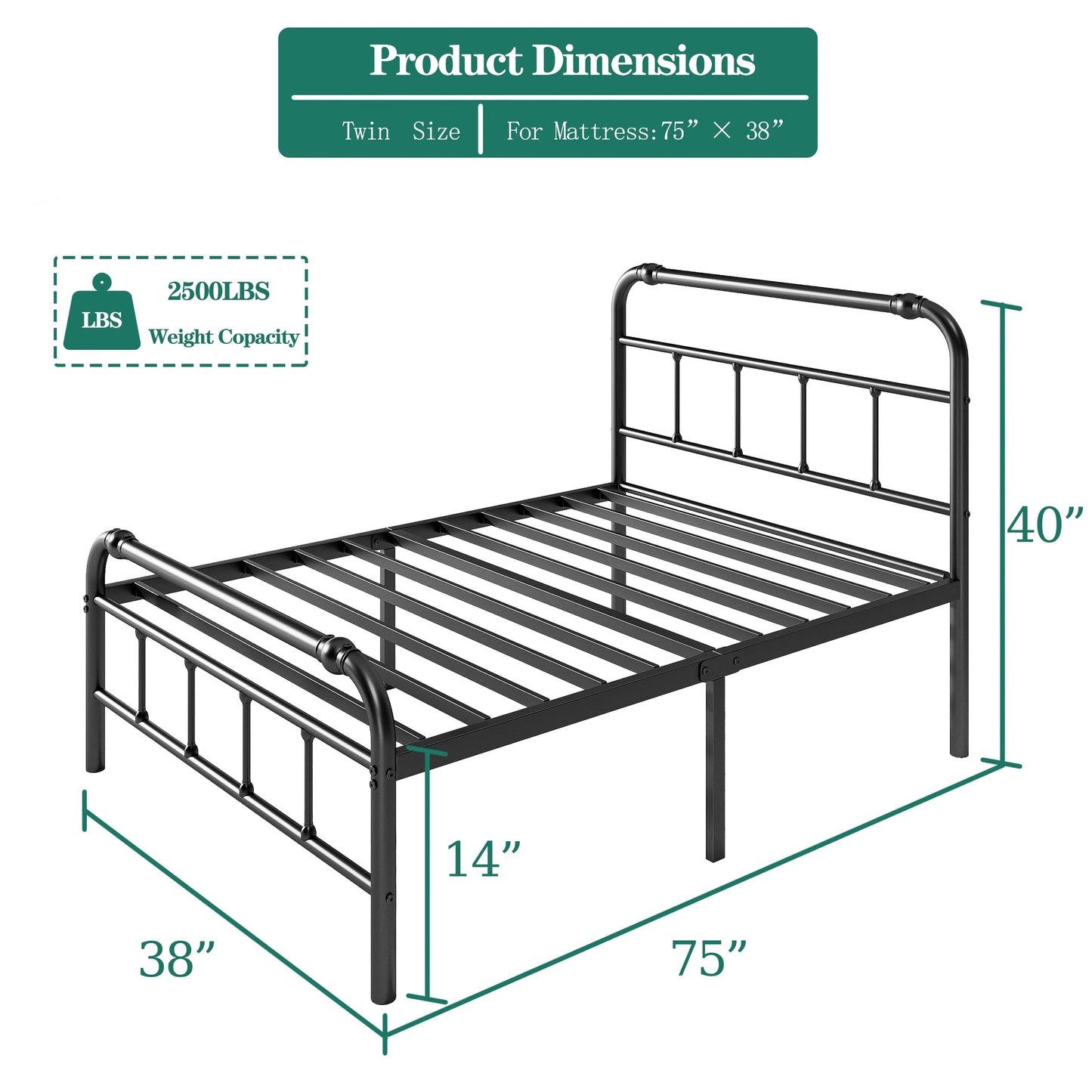 RestVille Twin Bed Frame with Headboard & Footboard 14 INCH Platform