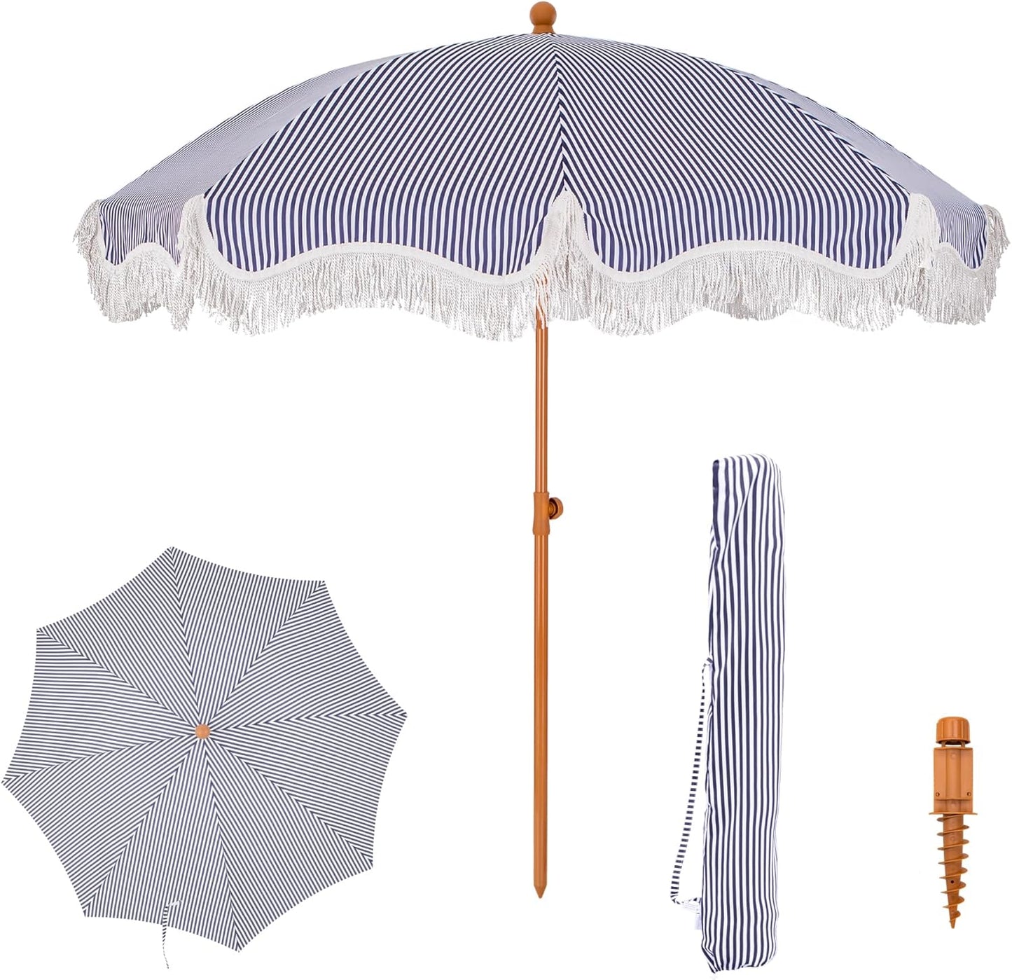 PHI VILLA 7ft Patio Umbrellas with Fringe, Outdoor Tilt Beach Umbrella Portable for Sand