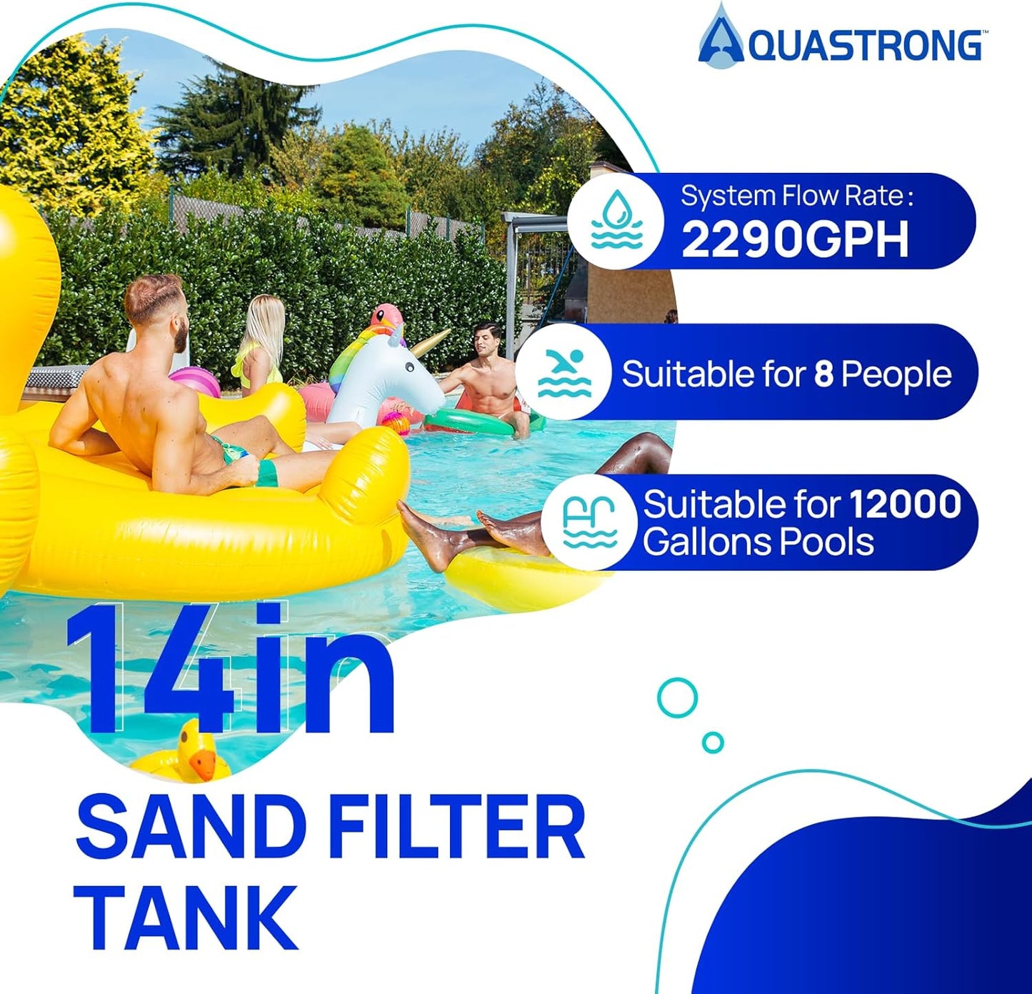 AQUASTRONG Sand Filter Pump for Above Ground Pool with Timer, 14in, Max 3000GPH