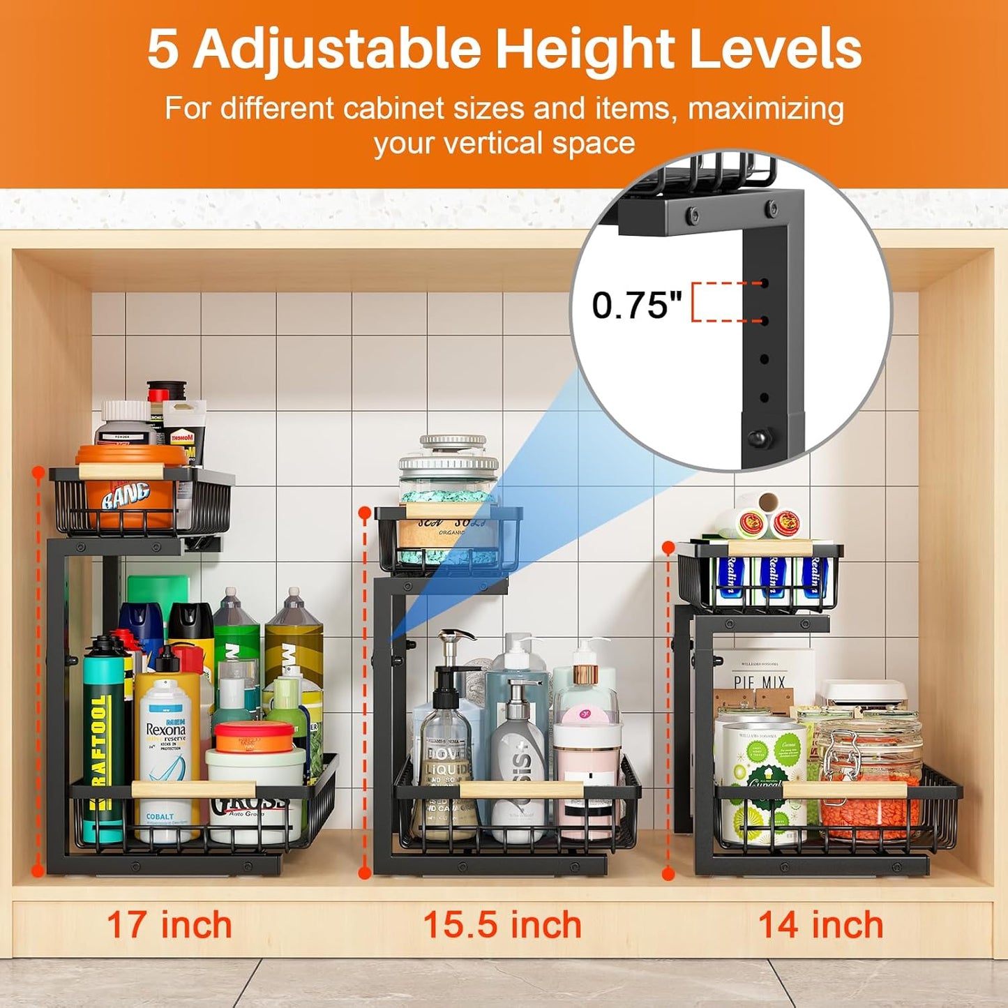 REALINN Under Sink Organizer, 2 Pack Height Adjustable Under Sink Organizers