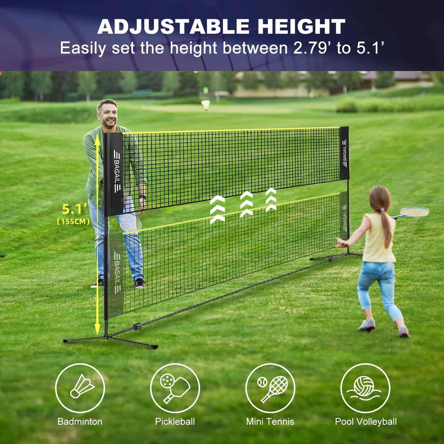 BAGAIL Badminton Net, Height Adjustable Kids Volleyball Net