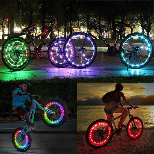 a woman riding a bike with a lot of lights on it