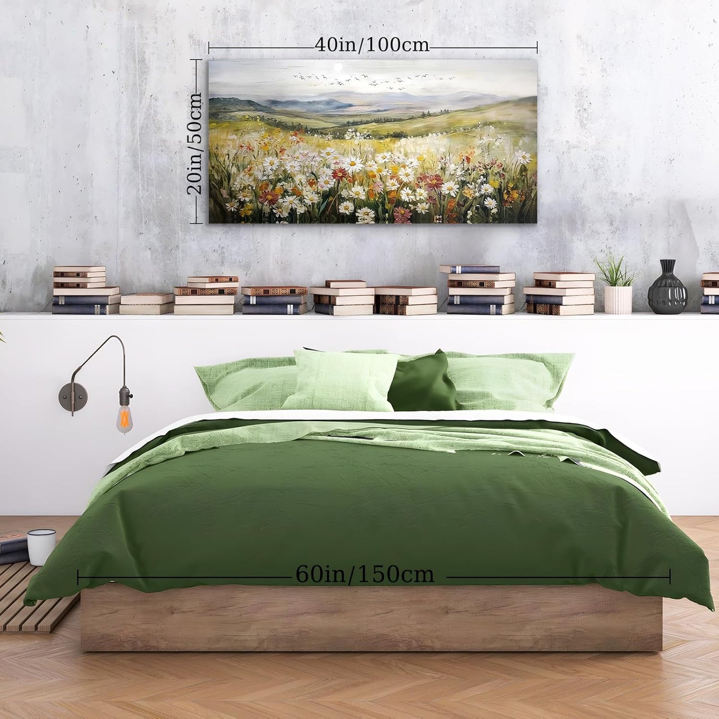 SERIMINO Green Rustic Landscape Wall Art, Mountain Floral Field Large Artwork