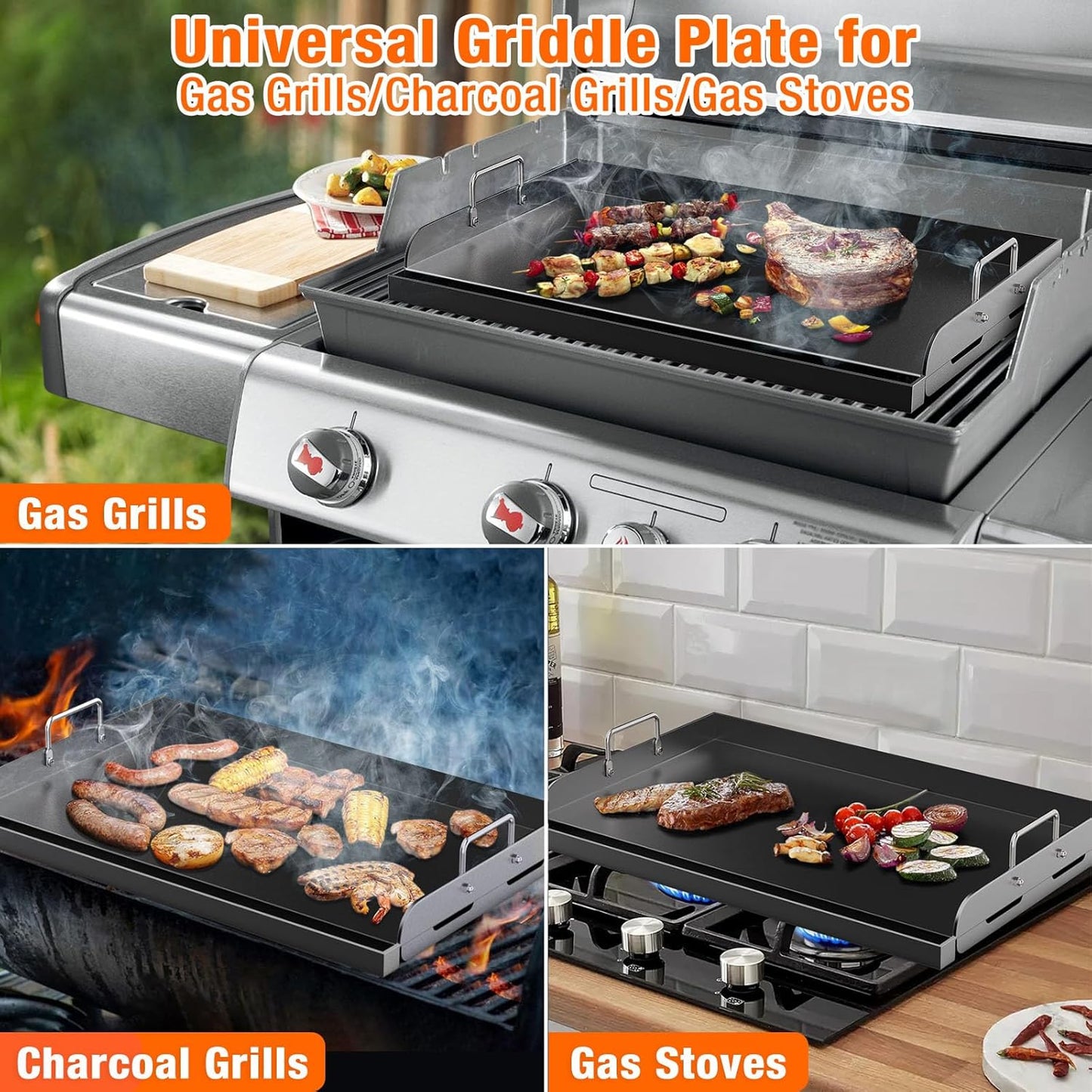 Griddle for Gas Grill, 25" x 16" Nonstick Coating Universal Griddle Flat Top Plate Insert for Gas Stove/Charcoal/Gas