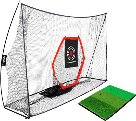 Flysocks 10x7 ft Golf Practice Hitting Net with Golf Mat - No Golf Balls Included