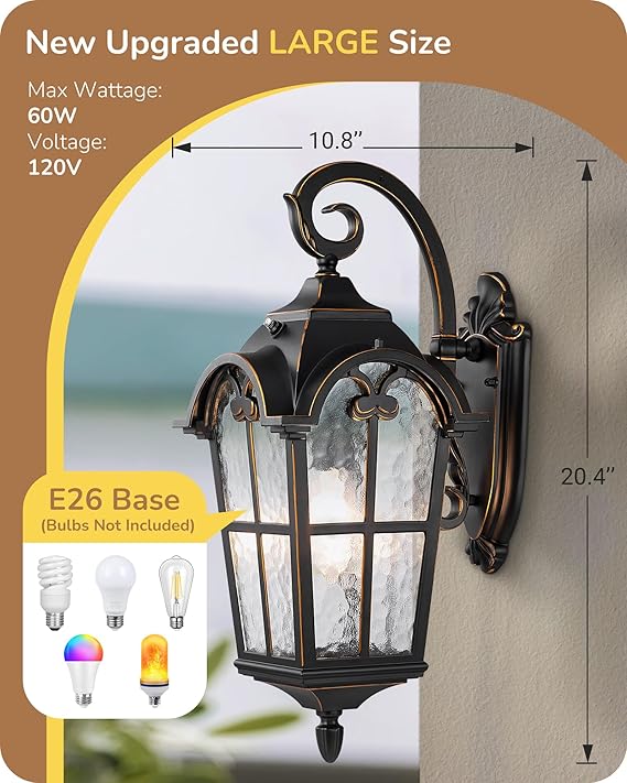 EDISHINE Dusk to Dawn Outdoor Wall Lights, 20.4" Large Size Exterior Lantern Fixture