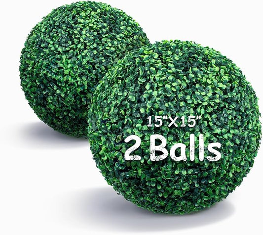 15 Inch 2 Packs Artificial Boxwood Balls Topiary Balls, 4 Layers of UV-Resistant Greenery Balls