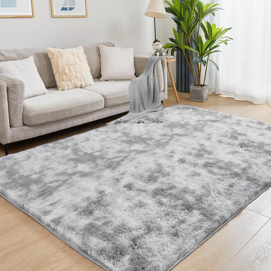 Ultra Soft Area Rugs for Living Room, 5x7 Tie-Dyed Light Grey Fluffy Plush Rugs for Bedroom