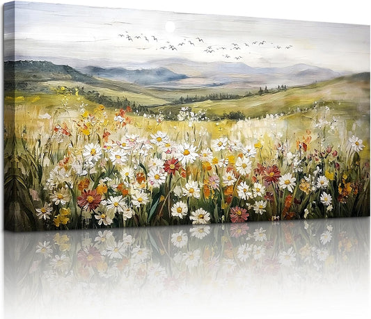 SERIMINO Green Rustic Landscape Wall Art, Mountain Floral Field Large Artwork