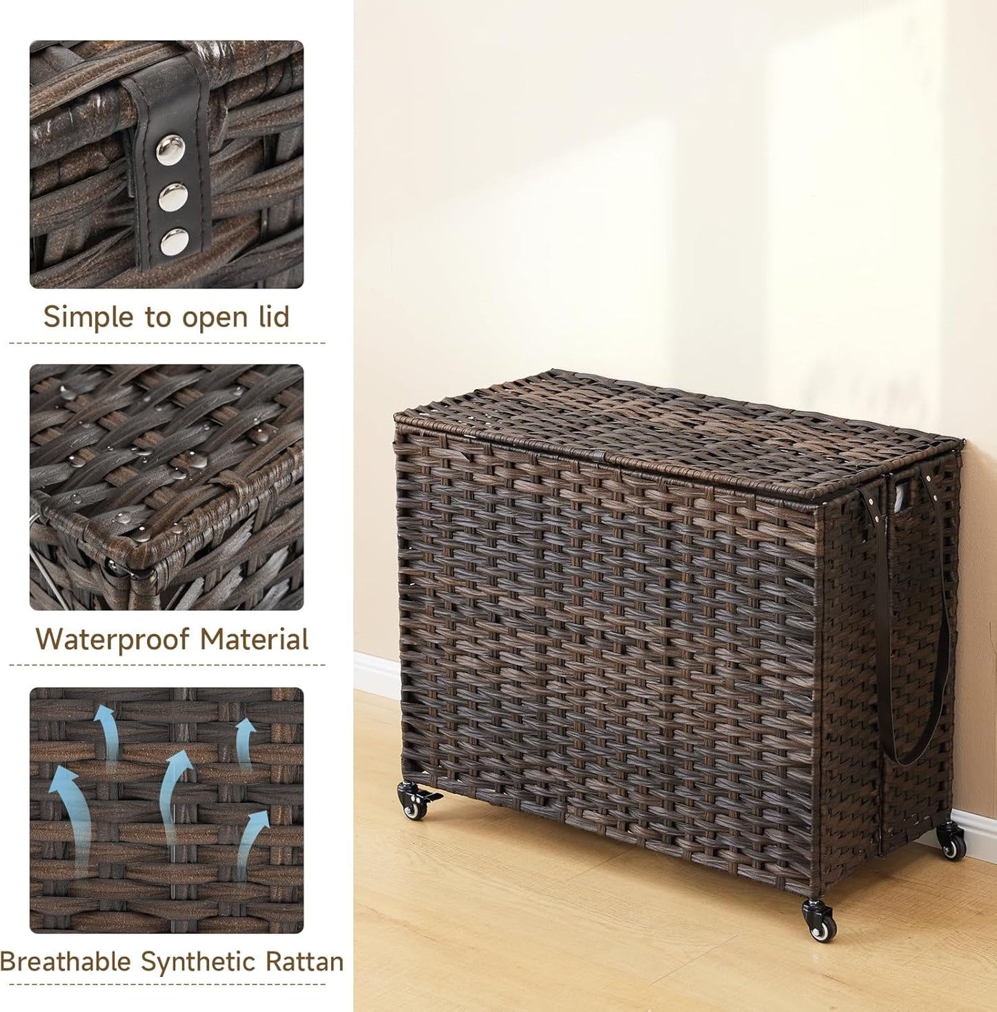 Laundry Hamper with Wheels, 52.8 Gallon(200L) Rolling Laundry Basket with Lid, 3-Section Rattan