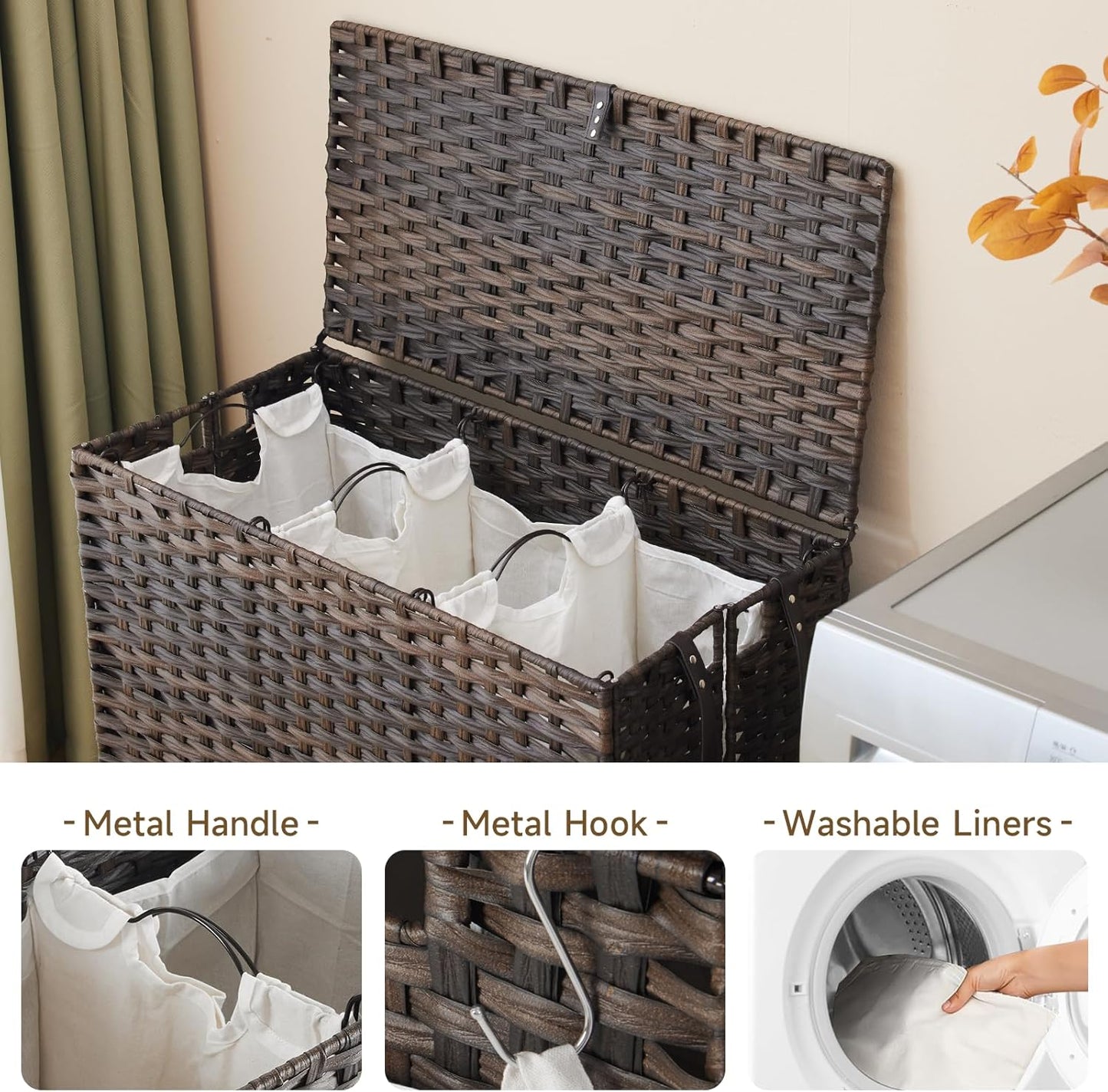 Laundry Hamper with Wheels, 52.8 Gallon(200L) Rolling Laundry Basket with Lid, 3-Section Rattan