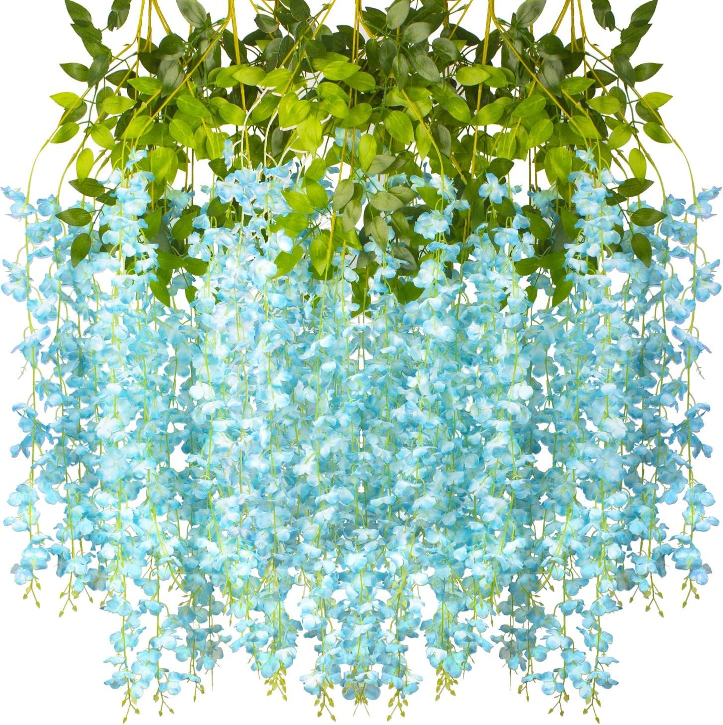 12 Pack Artificial Flowers Silk Wisteria Vine Ratta Hanging Flower (Sky Blue)