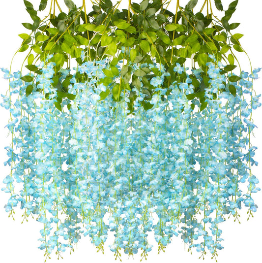 12 Pack Artificial Flowers Silk Wisteria Vine Ratta Hanging Flower (Sky Blue)