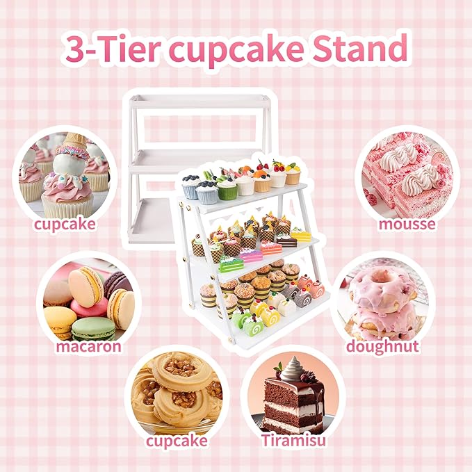 WWN Stainless Steel 3 Tier Cupcake Stand with White Coating - Elegant Dessert Tower