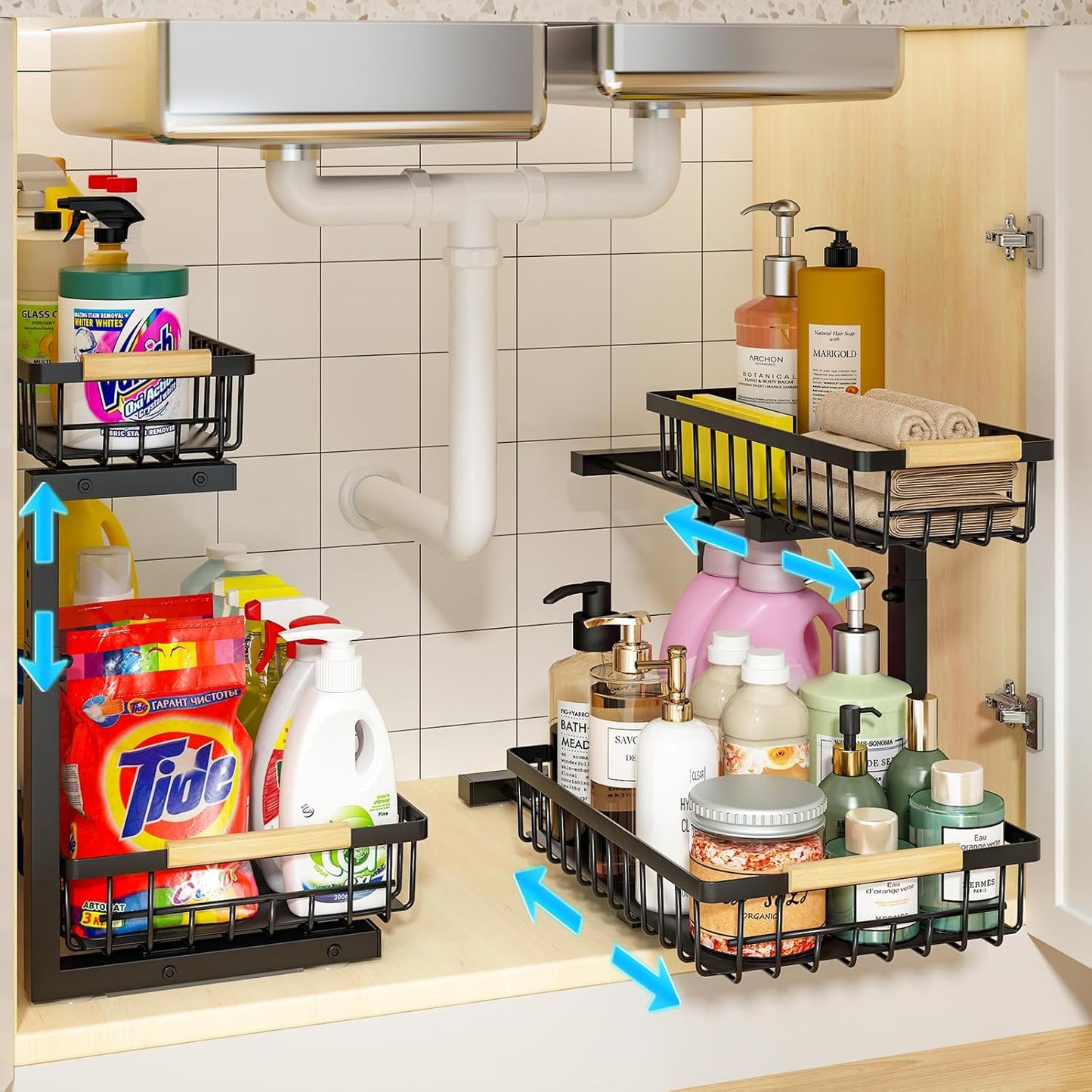 REALINN Under Sink Organizer, 2 Pack Height Adjustable Under Sink Organizers
