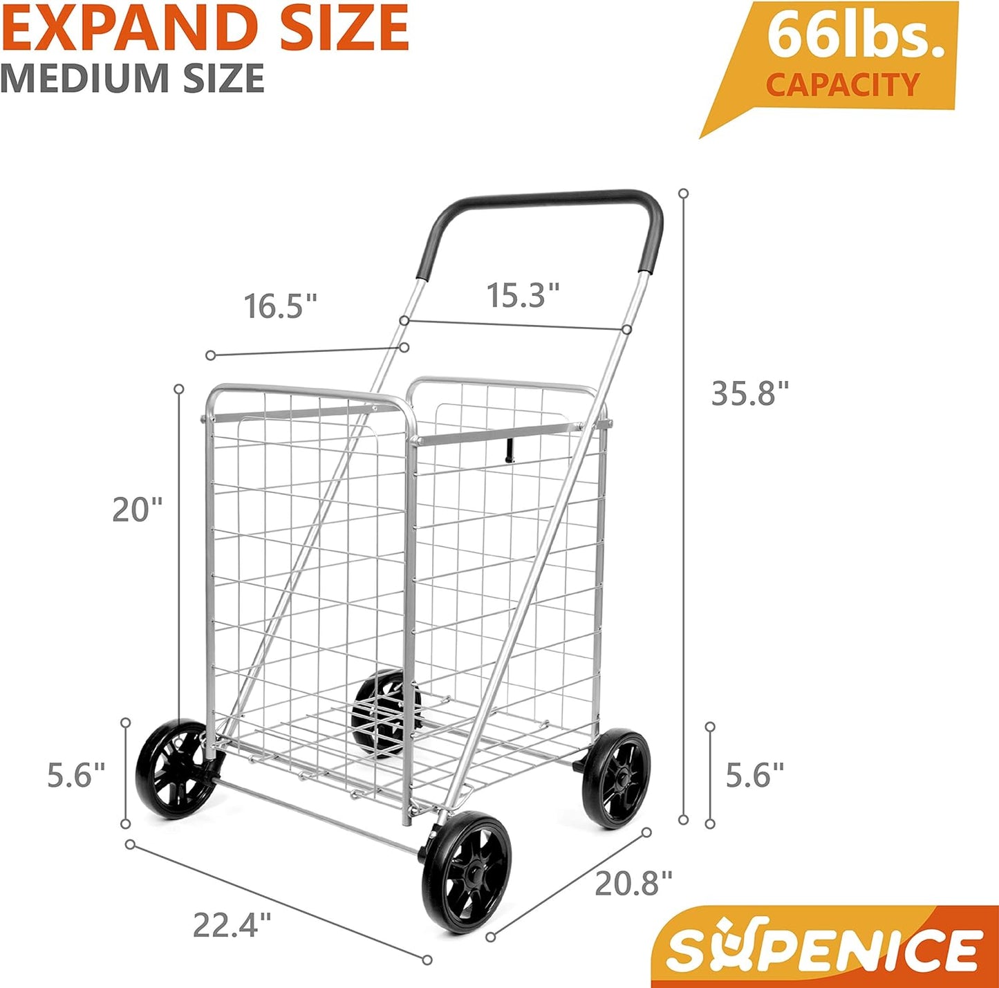 Grocery Utility Shopping Cart - Deluxe Utility Cart with Oversized Basket