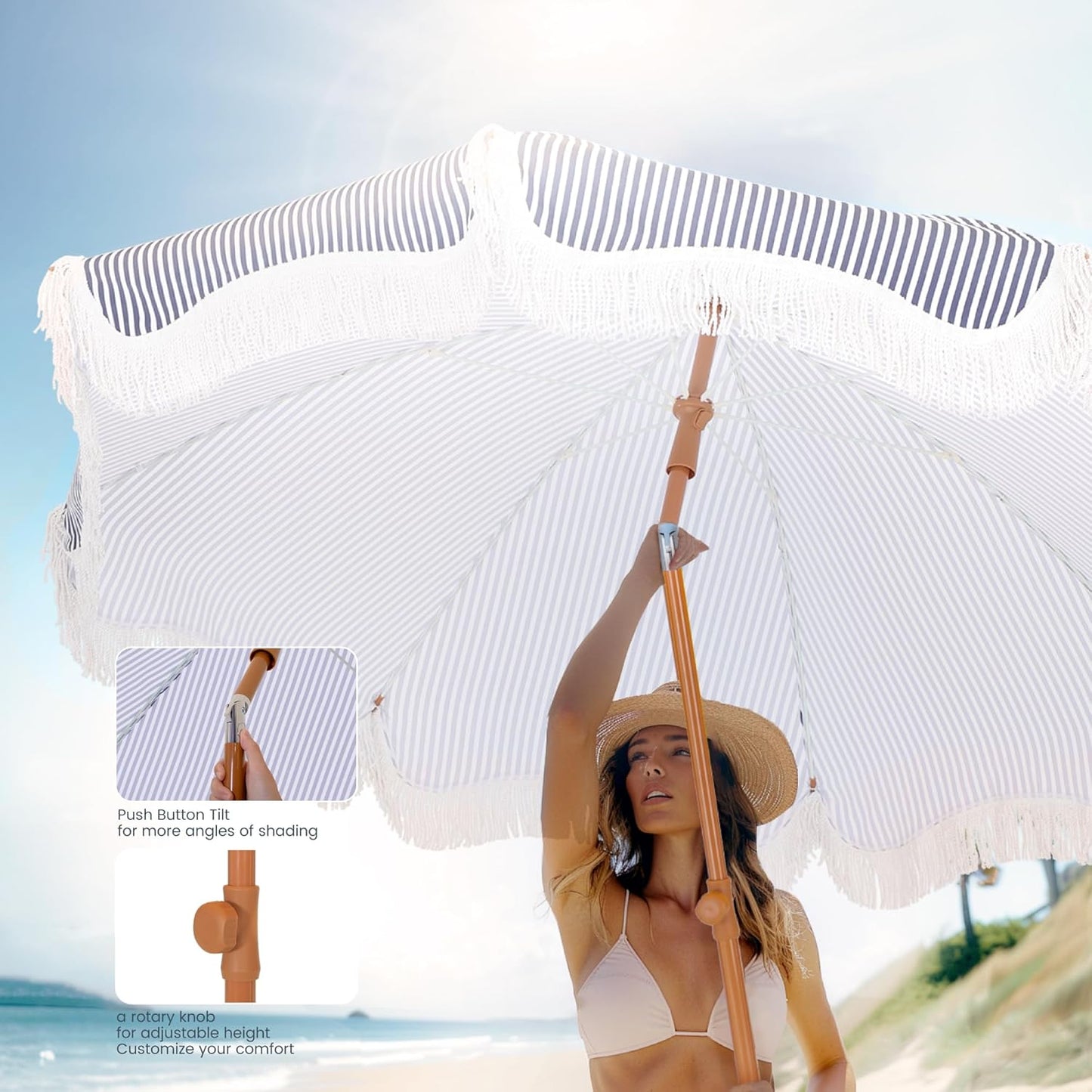 PHI VILLA 7ft Patio Umbrellas with Fringe, Outdoor Tilt Beach Umbrella Portable for Sand