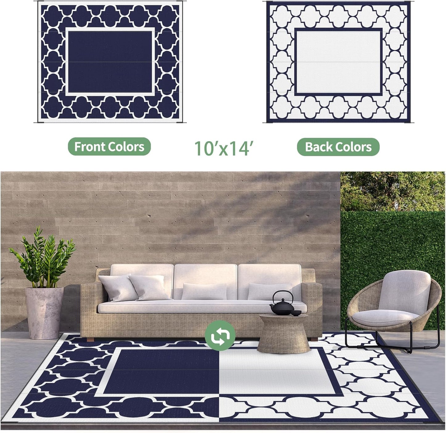 GENIMO 10' x 14' Outdoor Rug Waterproof for Patio