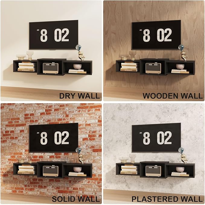 IBUYKE Floating TV Stand Wall Mounted with Power Outlet,Modern Wood Wall Mounted Media Shelf